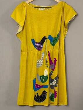 Moon Collection Mustard Yellow Bird Print Tunic Dress Boho Folk Art S M